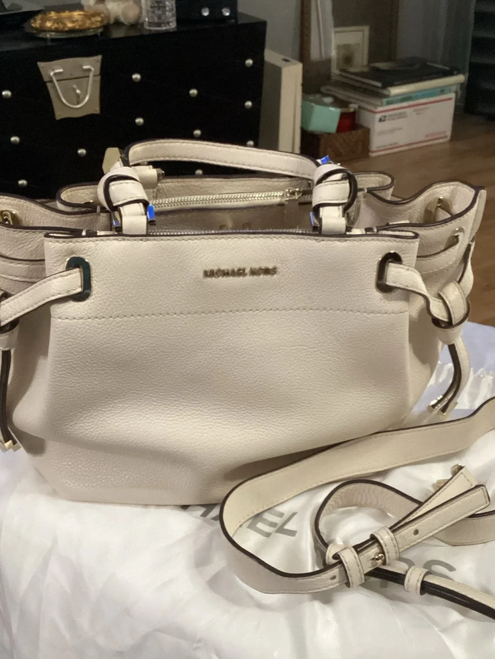 Michael Kors Almond Leather Shoulder Satchel with Gold Hardware lots of pockets!